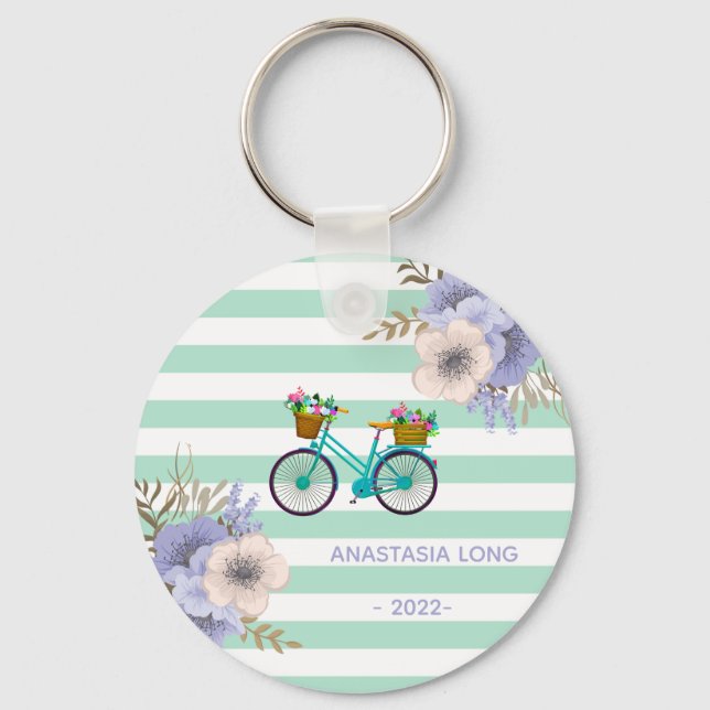 Modern Blue Flowers Bicycles Key Ring (Front)