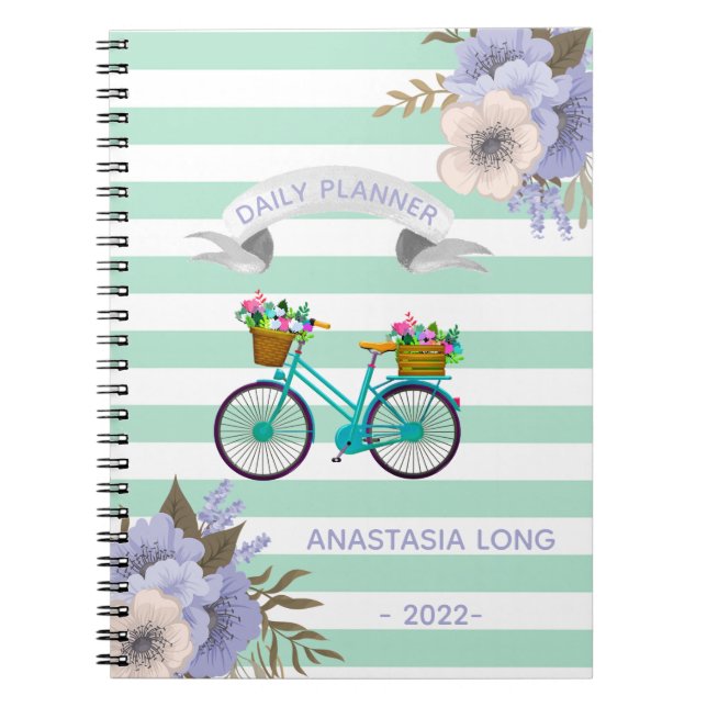 Modern Blue Flowers Bicycles Notebook (Front)