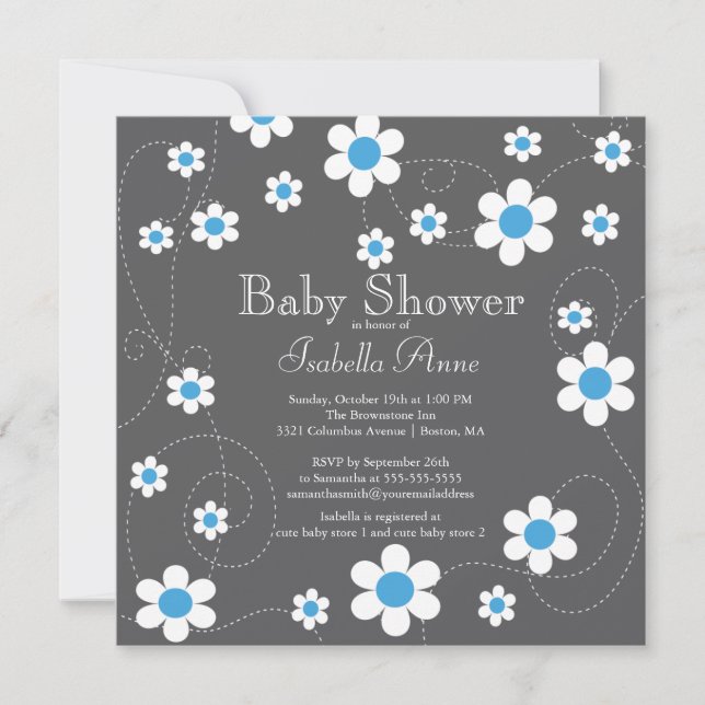 Modern Blue Flowers Floral Boys Baby Shower Invitation (Front)