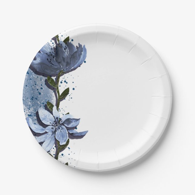 Modern Blue Flowers Floral Watercolor Wedding Paper Plate (Front)