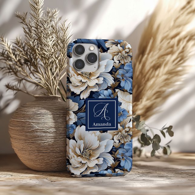 Modern Blue Flowers iPhone Case Elegant Floral  (Modern Blue Flowers iPhone Case Elegant Floral Cover)