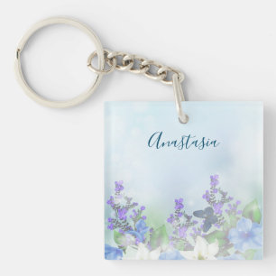 Modern Blue Flowers Key Ring