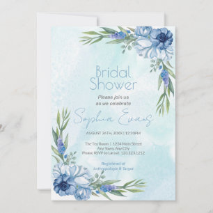Modern Blue Flowers Light Blue Bridal Shower Invitation