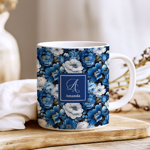 Modern Blue Flowers Personalised Floral Coffee Mug