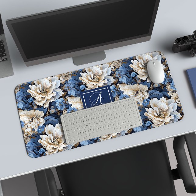 Modern Blue Flowers Personalised Floral Desk Mat (Modern Blue Flowers Personalized Floral Desk Mat)