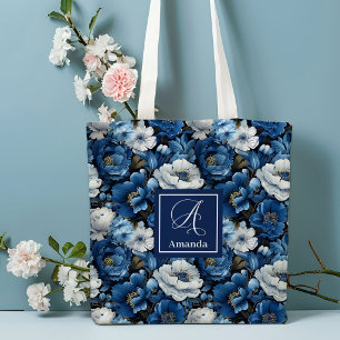Modern Blue Flowers Personalised Floral Tote Bag