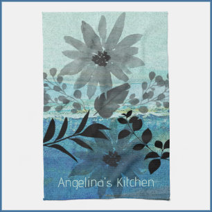 Modern Blue Flowers Tea Towel