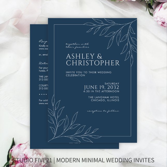 Modern Blue Foliage Outline All-in-One Wedding Invitation (Creator Uploaded)