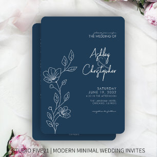 Modern Blue Foliage Outline All-in-One Wedding Invitation