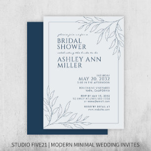 Modern Blue Foliage Outline Wedding Bridal Shower Invitation