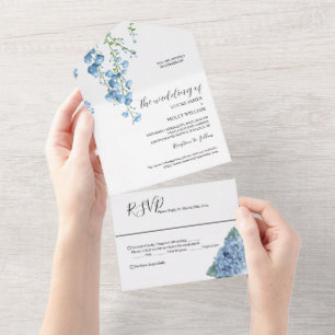Modern Blue French Floral Wedding All In One Invitation