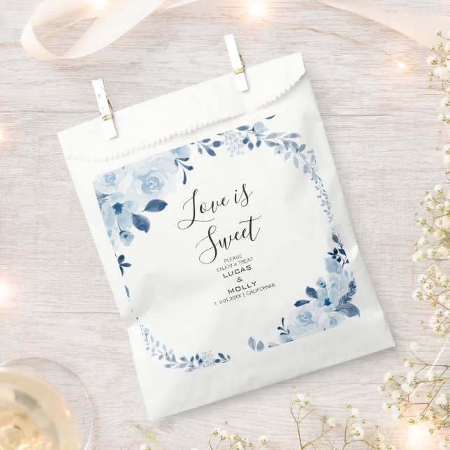 Modern Blue French Floral Wedding Favour Bags (Clipped)