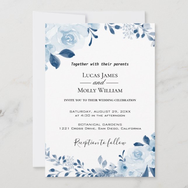 Modern Blue French Floral Wedding Invitation (Front)