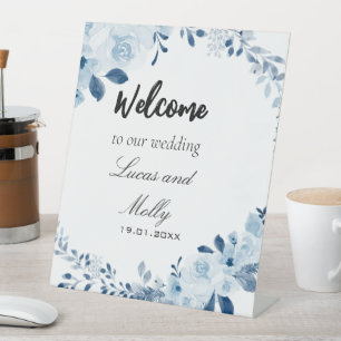 Modern Blue French Floral Wedding Pedestal Sign