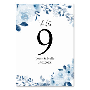 Modern Blue French Floral Wedding Table Number