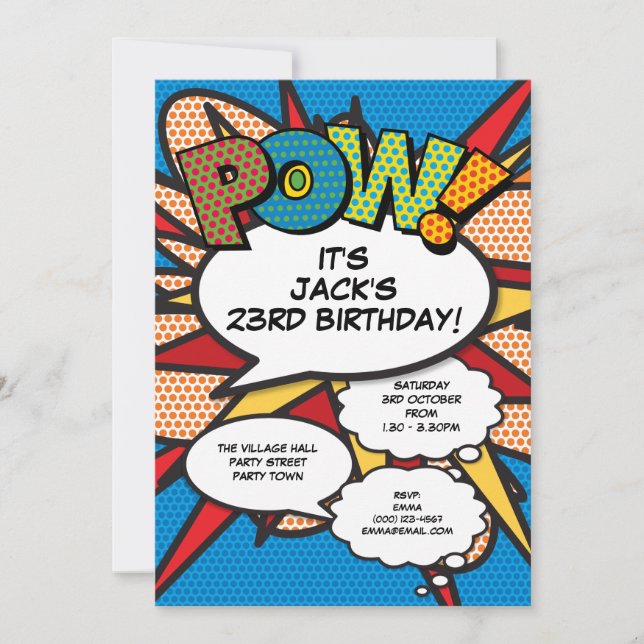 Modern Blue Fun Birthday Party Comic Book Any Age Invitation (Front)