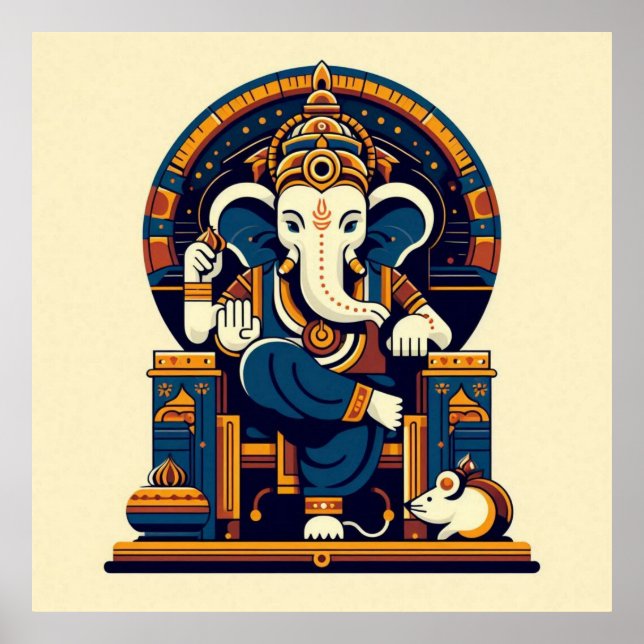 Modern Blue Ganesha Vector Illustration Deity Art Poster (Front)