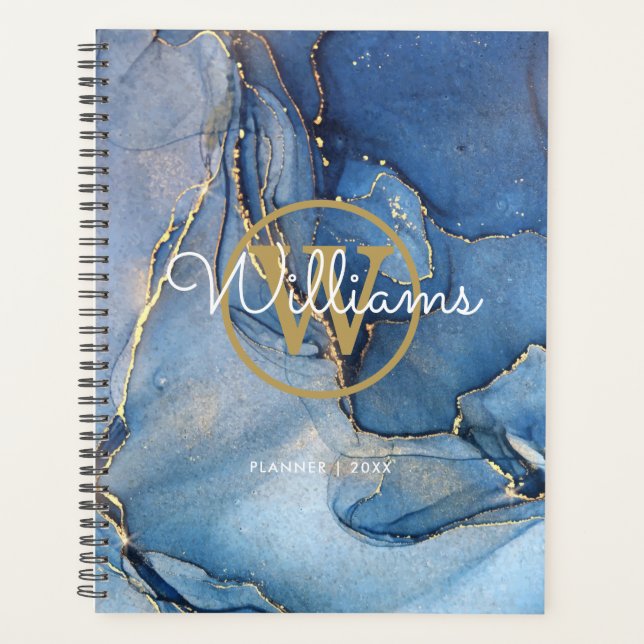 Modern Blue Geode Agate Gold Monogram 2023 Planner (Front)