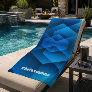 Modern Blue Geometric Name Beach Towel