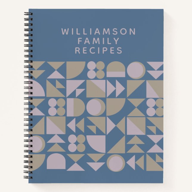 Modern Blue Geometric Personalised Family Recipes Notebook (Front)