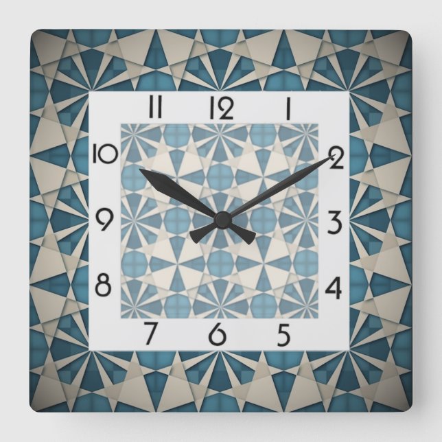 Modern blue geometric square wall clock (Front)