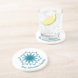 Modern Blue Geometric Star Mandala Custom Monogram Coaster