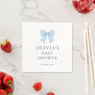 Modern Blue Gingham Bow Baby Shower Napkin