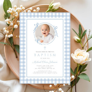 Modern Blue Gingham Bow Photo Boy Baptism Invitation
