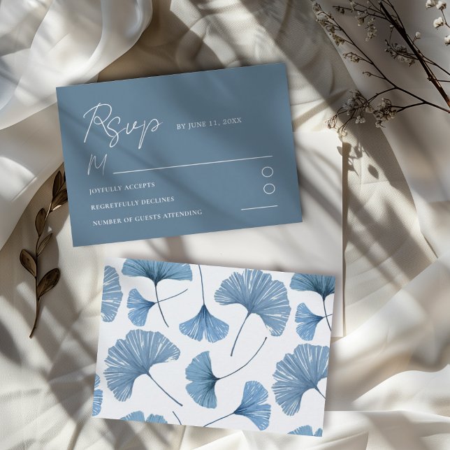 Modern Blue Ginkgo Leaf Wedding RSVP Card (Creator Uploaded)
