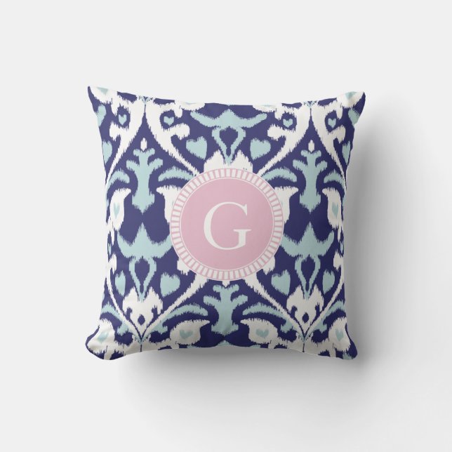 Modern blue girly ikat tribal pattern monogram cushion (Front)