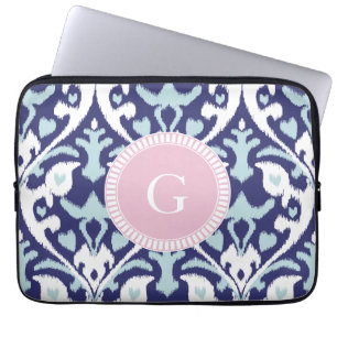Modern blue girly ikat tribal pattern monogram laptop sleeve
