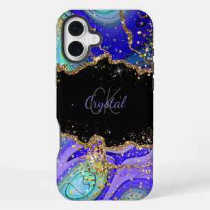 Modern Blue Glitter Agate Monogram Name iPhone 16 Plus Case