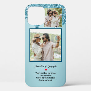 Modern Blue Glitter Custom Love Couple Photo iPhone 12 Case