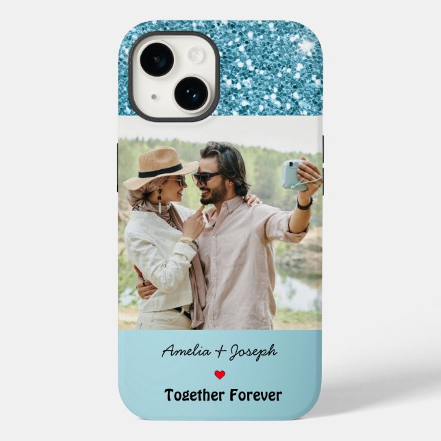 Modern Blue Glitter Custom Love Couple  Photo Case-Mate iPhone Case (Back)