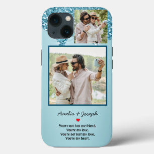 Modern Blue Glitter Custom Love Couple Photo iPhone 13 Case
