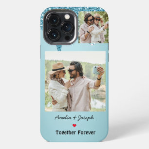 Modern Blue Glitter Custom Love Couple Photo iPhone 13 Pro Max Case