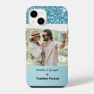 Modern Blue Glitter Custom Love Couple Photo iPhone 14 Case