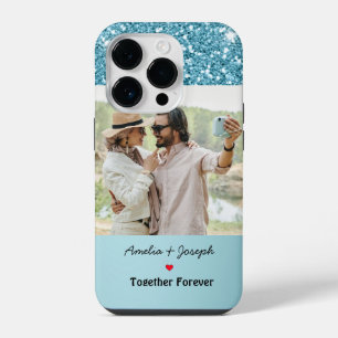 Modern Blue Glitter Custom Love Couple  Photo iPhone 14 Pro Case