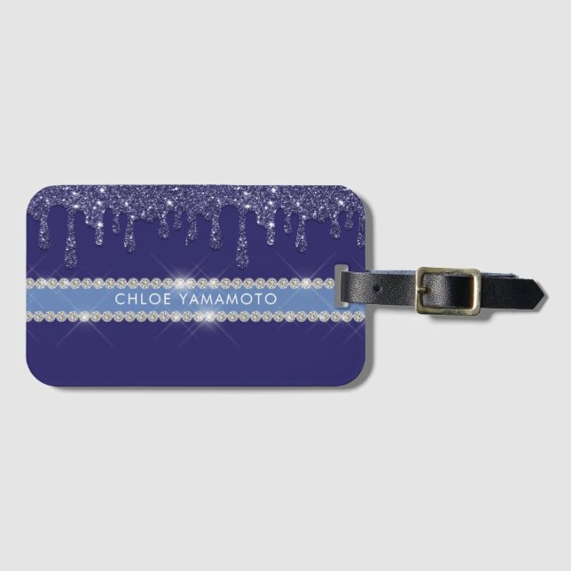 Modern Blue Glitter Drip Sparkling Diamond Luggage Tag (Front Horizontal)