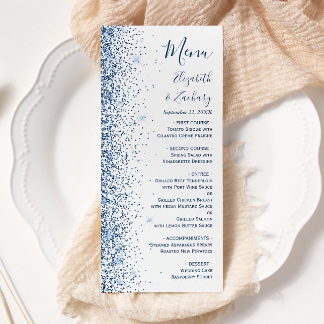 Modern Blue Glitter Edge White Wedding Menu (Creator Uploaded)