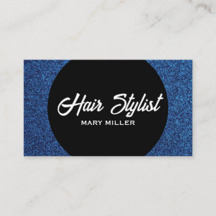 Modern Blue Glitter Hair Stylist Black Circle Business Card