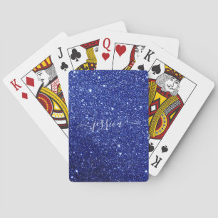 Modern blue glitter script name  playing cards