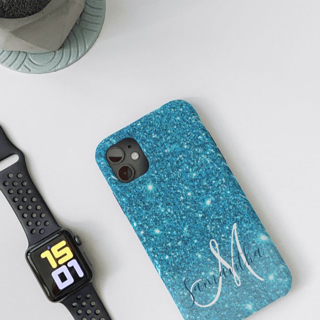 Modern Blue Glitter Sparkles Personalised Name Case-Mate iPhone Case (Creator Uploaded)