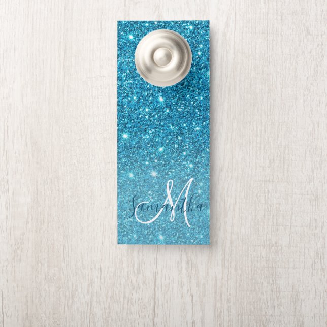 Modern Blue Glitter Sparkles Personalised Name Door Hanger (On Knob)