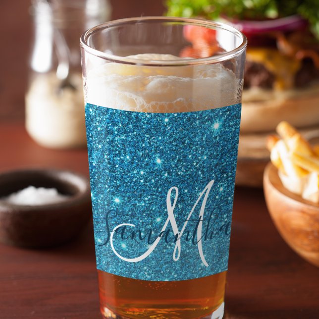 Modern Blue Glitter Sparkles Personalised Name Glass (Creator Uploaded)
