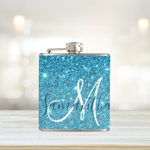 Modern Blue Glitter Sparkles Personalised Name Hip Flask