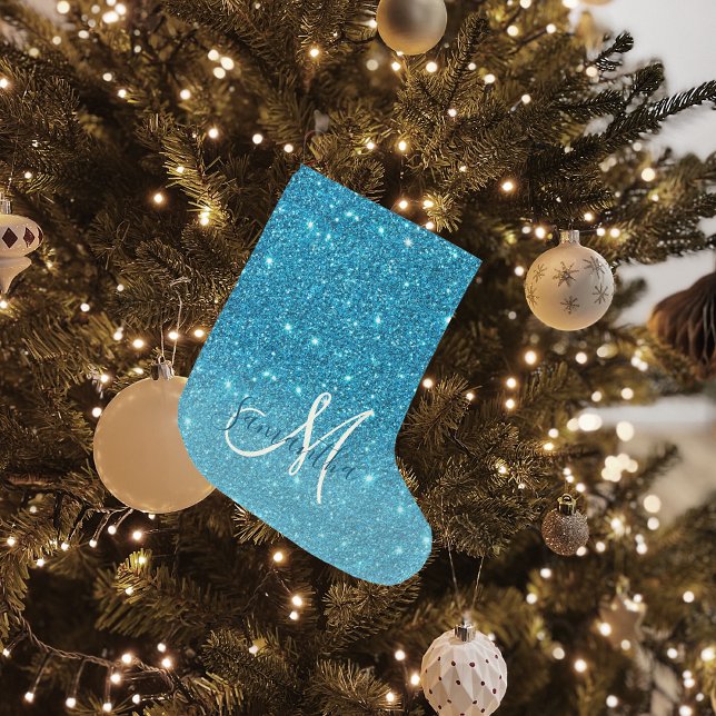 Modern Blue Glitter Sparkles Personalised Name Large Christmas Stocking (Creator Uploaded)