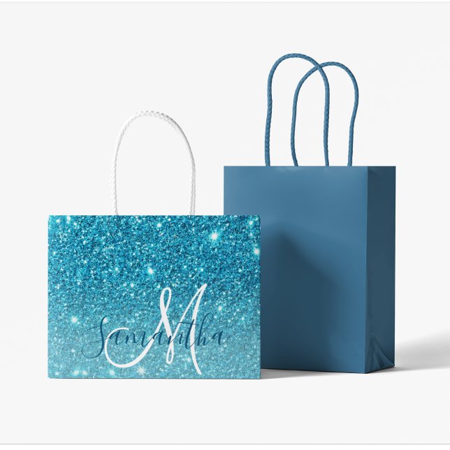 Modern Blue Glitter Sparkles Personalised Name Large Gift Bag (Creator Uploaded)