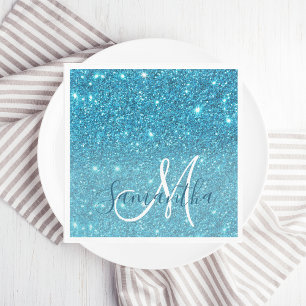 Modern Blue Glitter Sparkles Personalised Name Napkin