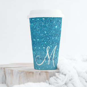 Modern Blue Glitter Sparkles Personalised Name Paper Cups